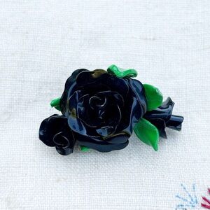 Vintage Enamel Black Floral Flower Rose Pin Brooch Lapel Pin